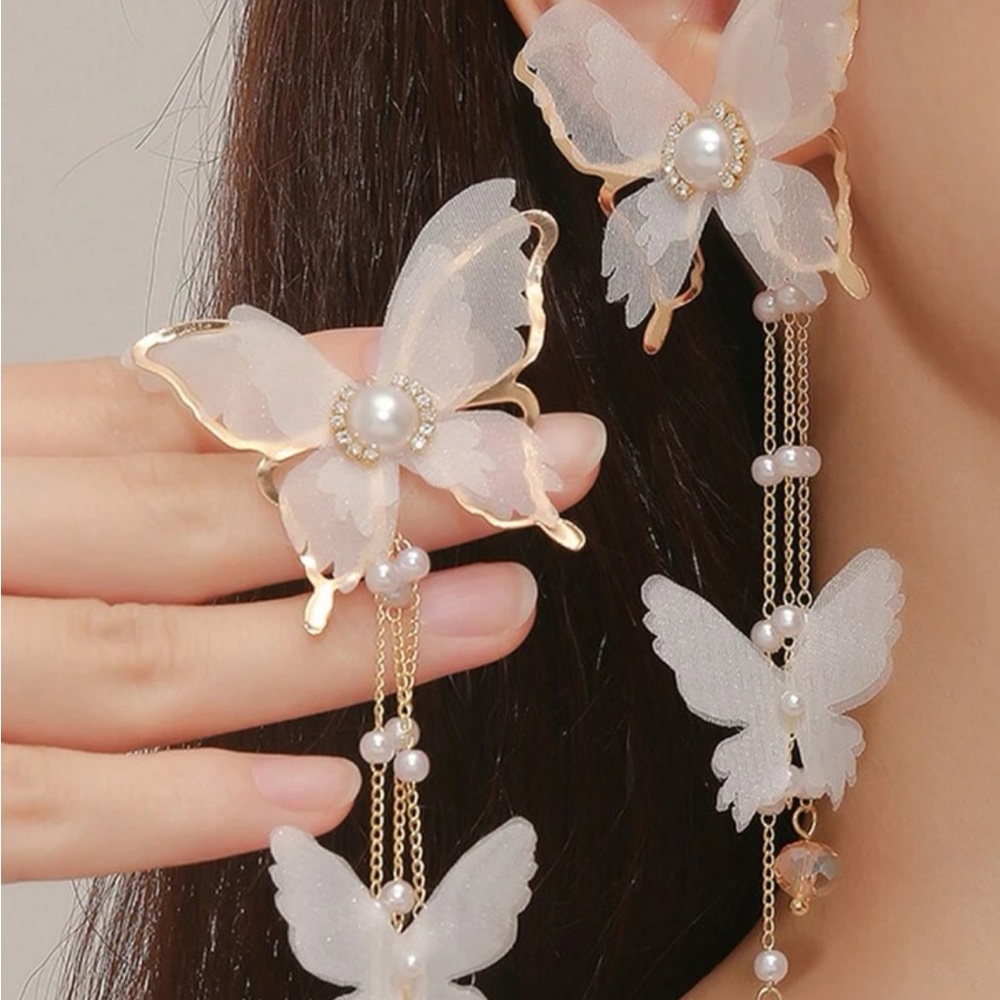 Lace, Rhinestone, Faux Pearl & Butterfly Dangle Earrings With Long Tassels